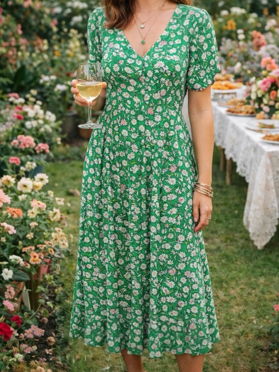 Scoop Dresses & Skirts - Scoop Floral V-Neck Midi Dress Short Puff Sleeves Spring Summer Party Green M